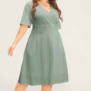 Solid Pocket Laser Cut Surplice Neck Knee Dress